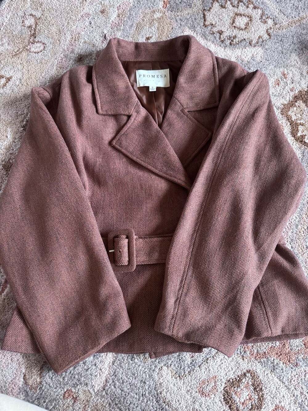 Promesa Mauve/Brown Belted Double-Breasted Short Trench Jacket Coat